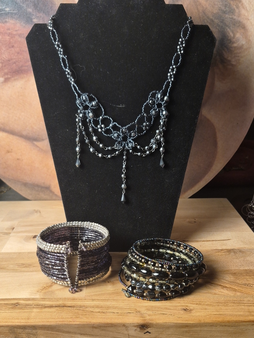 Source Unknown Black Beaded Draped Necklace with Matching Bracelets